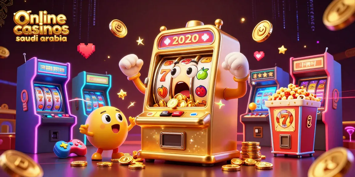 Engaging scene of online casinos Saudi Arabia with a golden slot machine hitting a jackpot, coins overflowing.