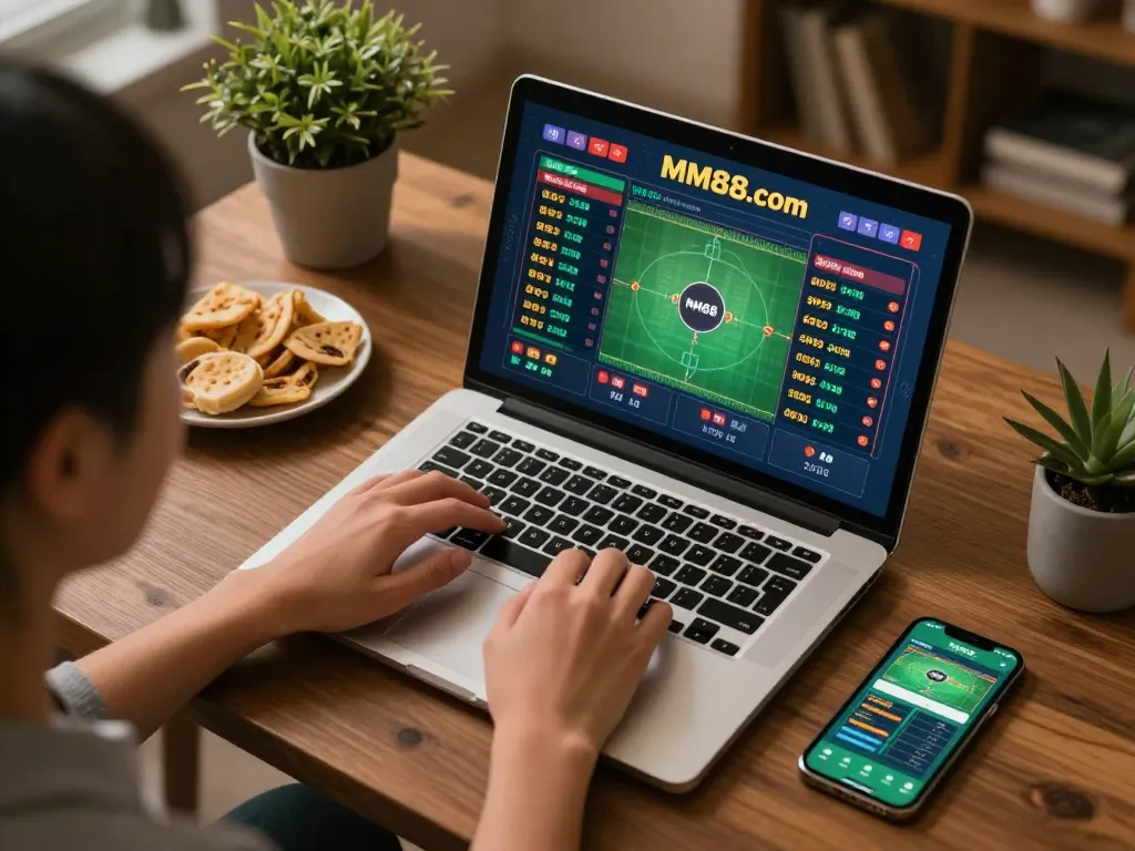 Engage in live sports betting on MM88.COM with a laptop and smartphone setup in a cozy atmosphere.