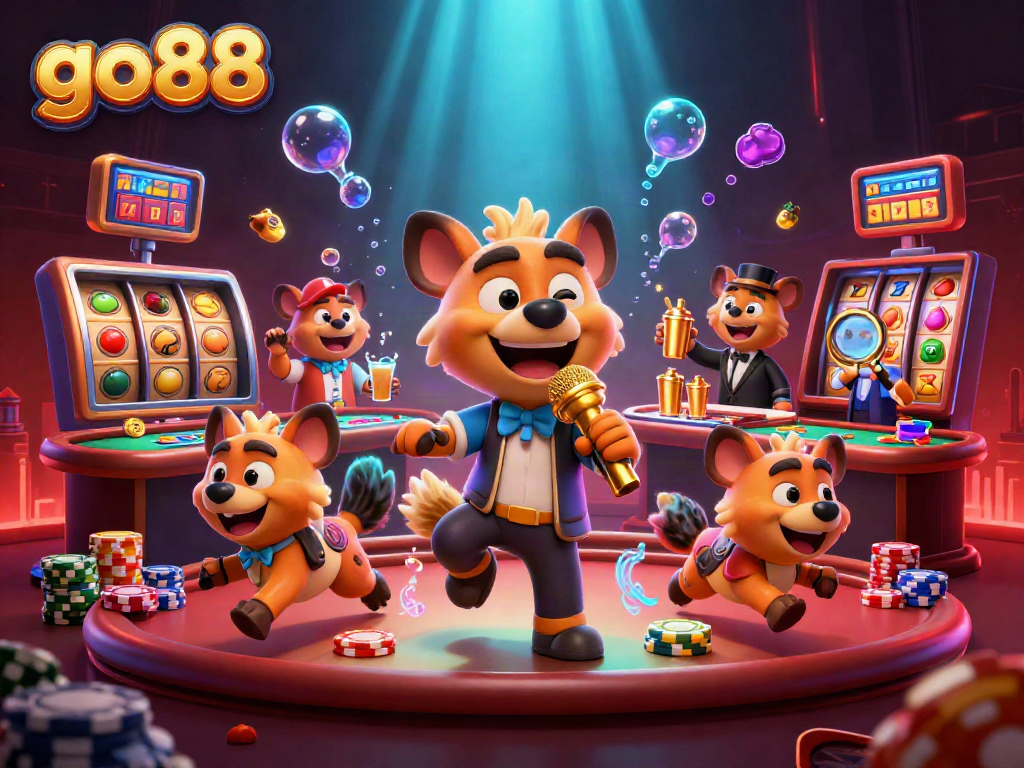 Experience the excitement of go88 with vivid 3D hyena characters in a lively casino scene.