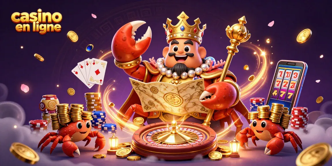 Image dynamique de casino en ligne avec un crabe empereur doré et des éléments de jeu captivants.