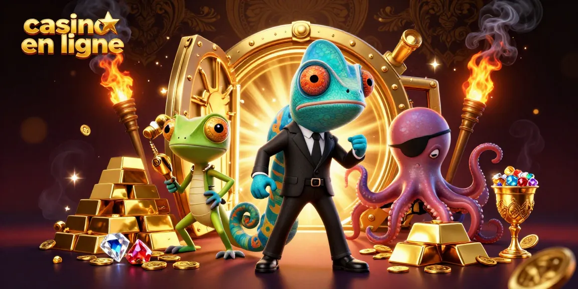Plongez dans un univers de casino en ligne avec un agent secret, un gecko technologique et un poulpe, entouré de trésors scintillants.