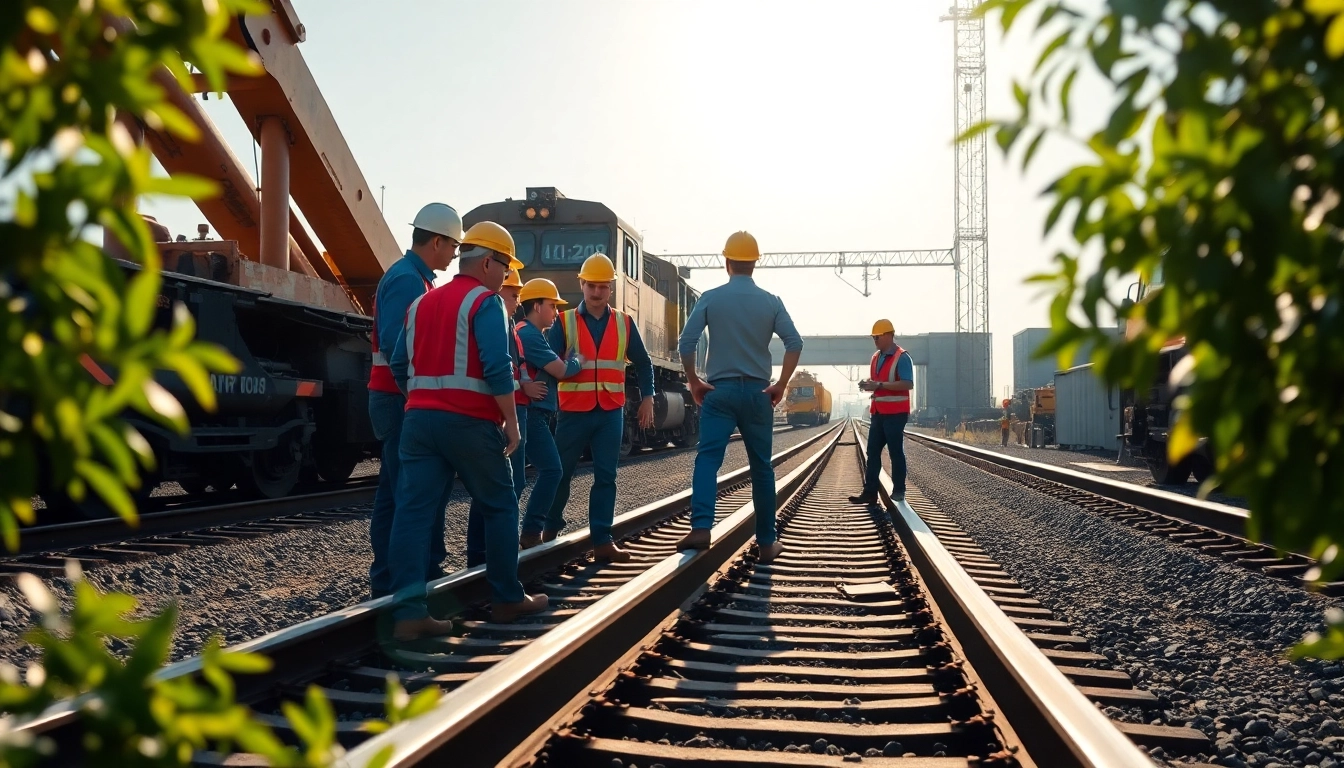Railroad Contractors Near Me collaborating on a project in a construction yard.