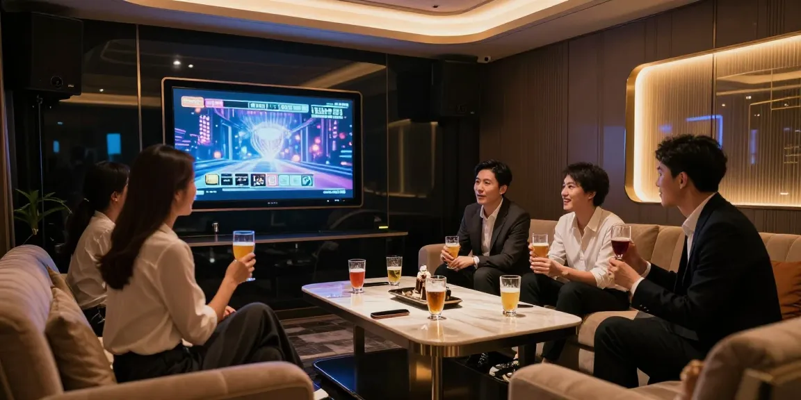 강남가라오케 프리미엄 룸의 세련된 인테리어와 친밀한 분위기에서 즐거운 시간을 보내는 고객들 모습