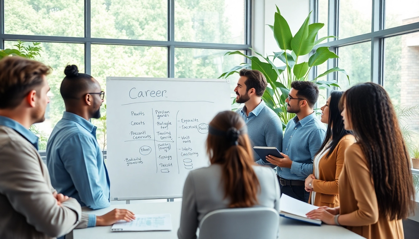 Career coaching session with an engaging coach and diverse participants in a modern office space.
