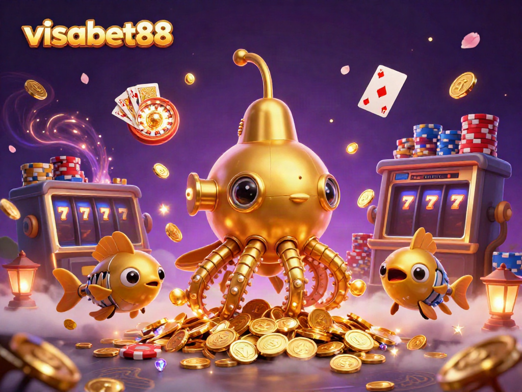 Experience thrilling gameplay at visabet88, featuring a golden kraken submarine surrounded by casino elements.