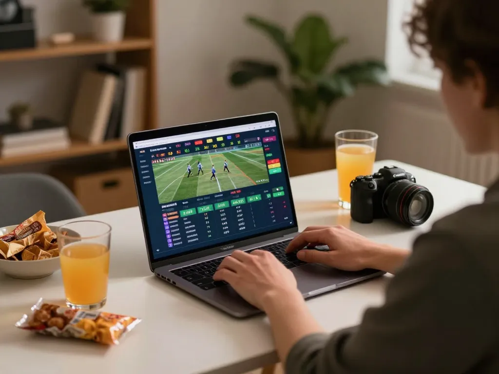 Engaging sports betting action through lv88.tips using a laptop in a cozy home setting