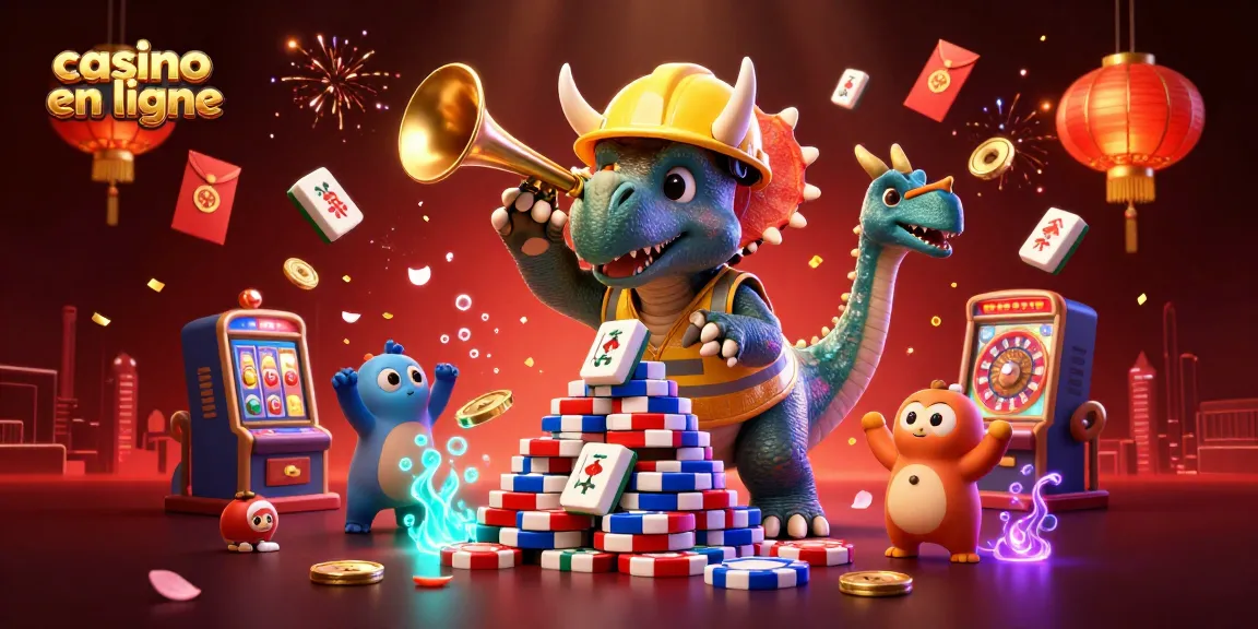 Casino en ligne : Un triceratops construit une pyramide de jetons sous un feu d'artifice dans un décor vivant.