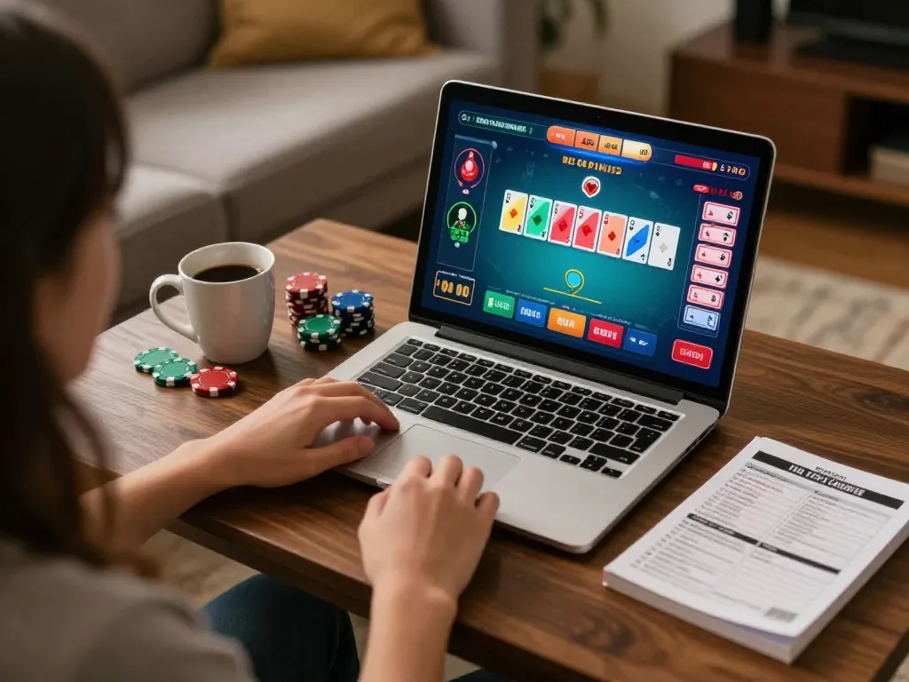Engaging in online poker at home with XX88, highlighting a vibrant game interface and relaxed atmosphere.