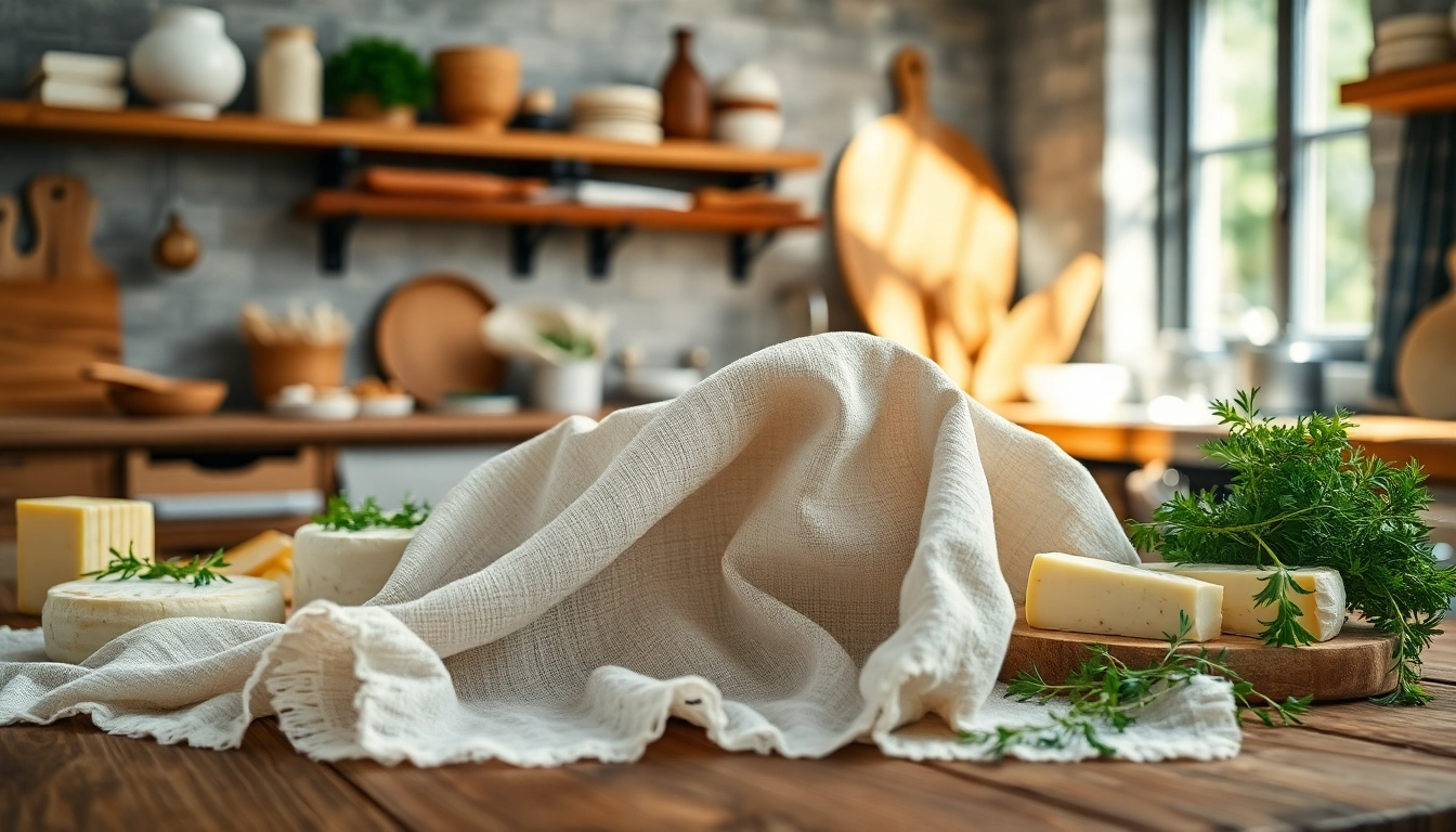 Kaasdoek in focus met artisanale kazen en groenten op een houten tafel, in een professionele keukenomgeving.