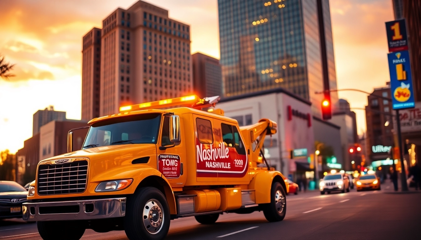 Towing service Nashville TN showcasing a bright yellow tow truck in a vibrant downtown setting.
