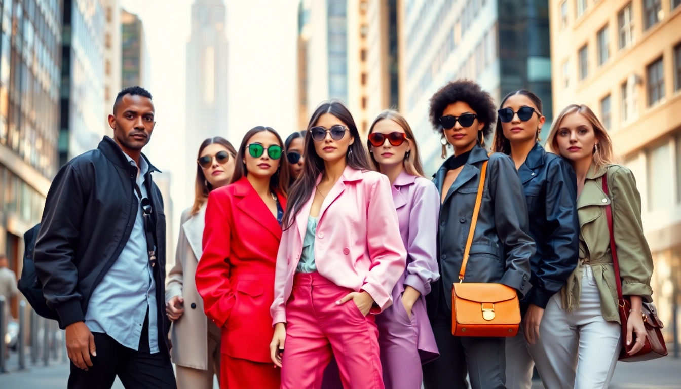 Actively showcasing Fashion trends in an urban setting with diverse models wearing vibrant outfits.
