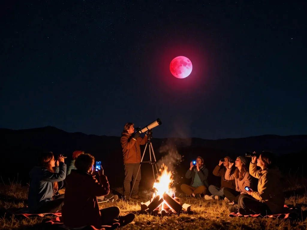 Stargazers observe a total lunar eclipse with excitement under the starry night sky.