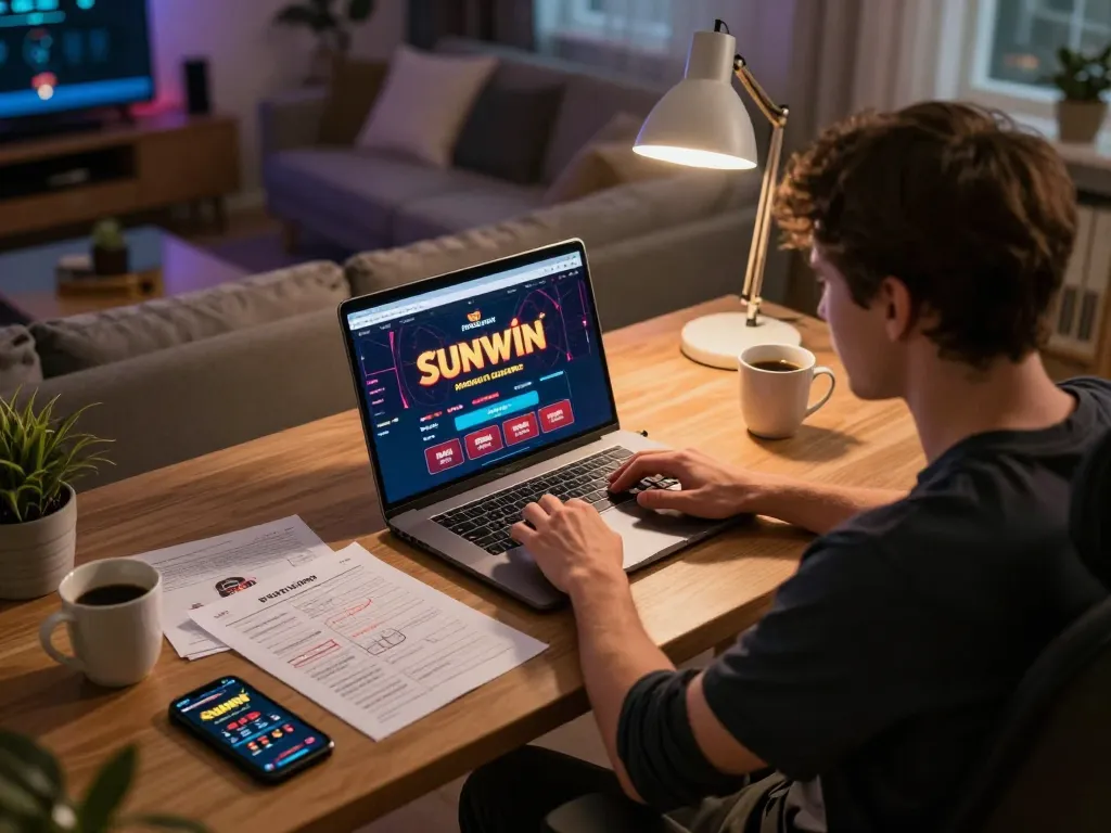 Player engaging with sunwin casino games on a laptop, showcasing a strategic online gaming setup