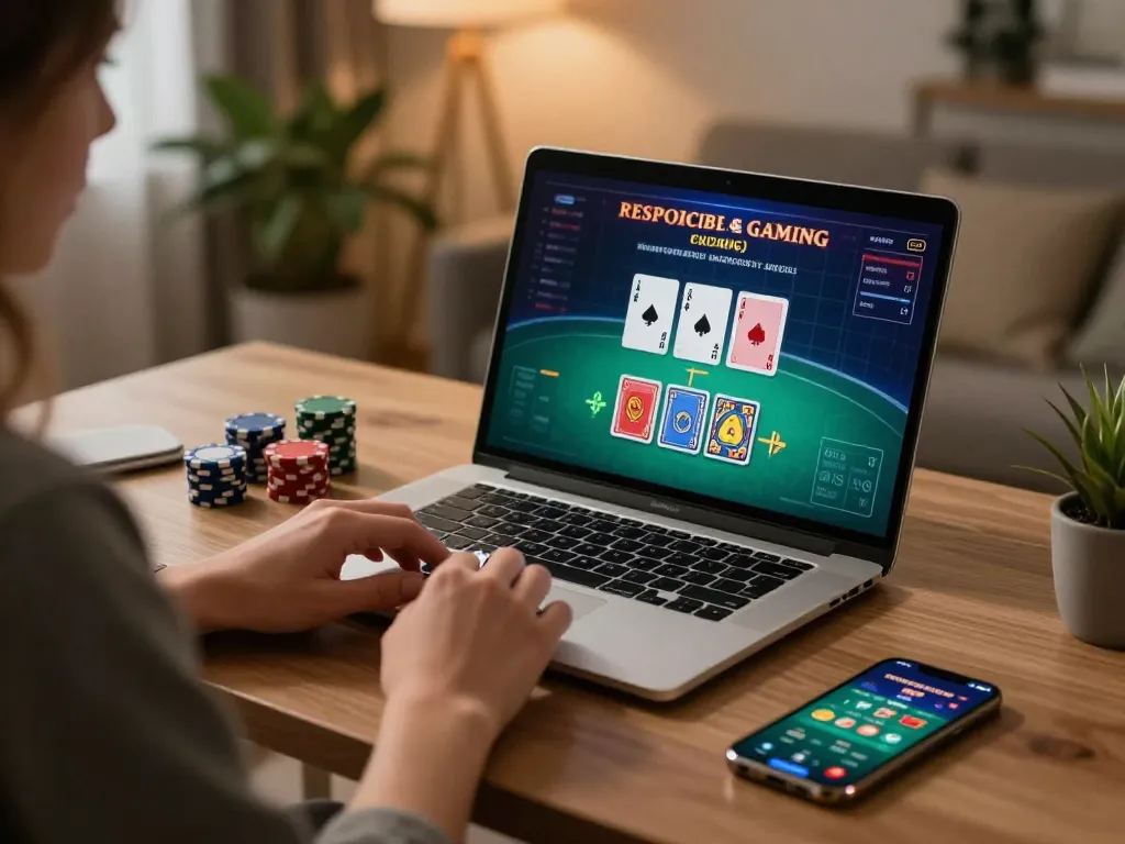 Engaged player enjoying blackjack gameplay on laptop at home, showcasing responsible gaming with tr88.com