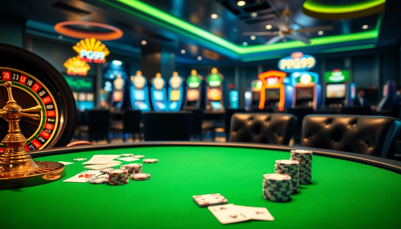 Engaging PG99 poker game scene with luxurious chips and vibrant roulette wheel.