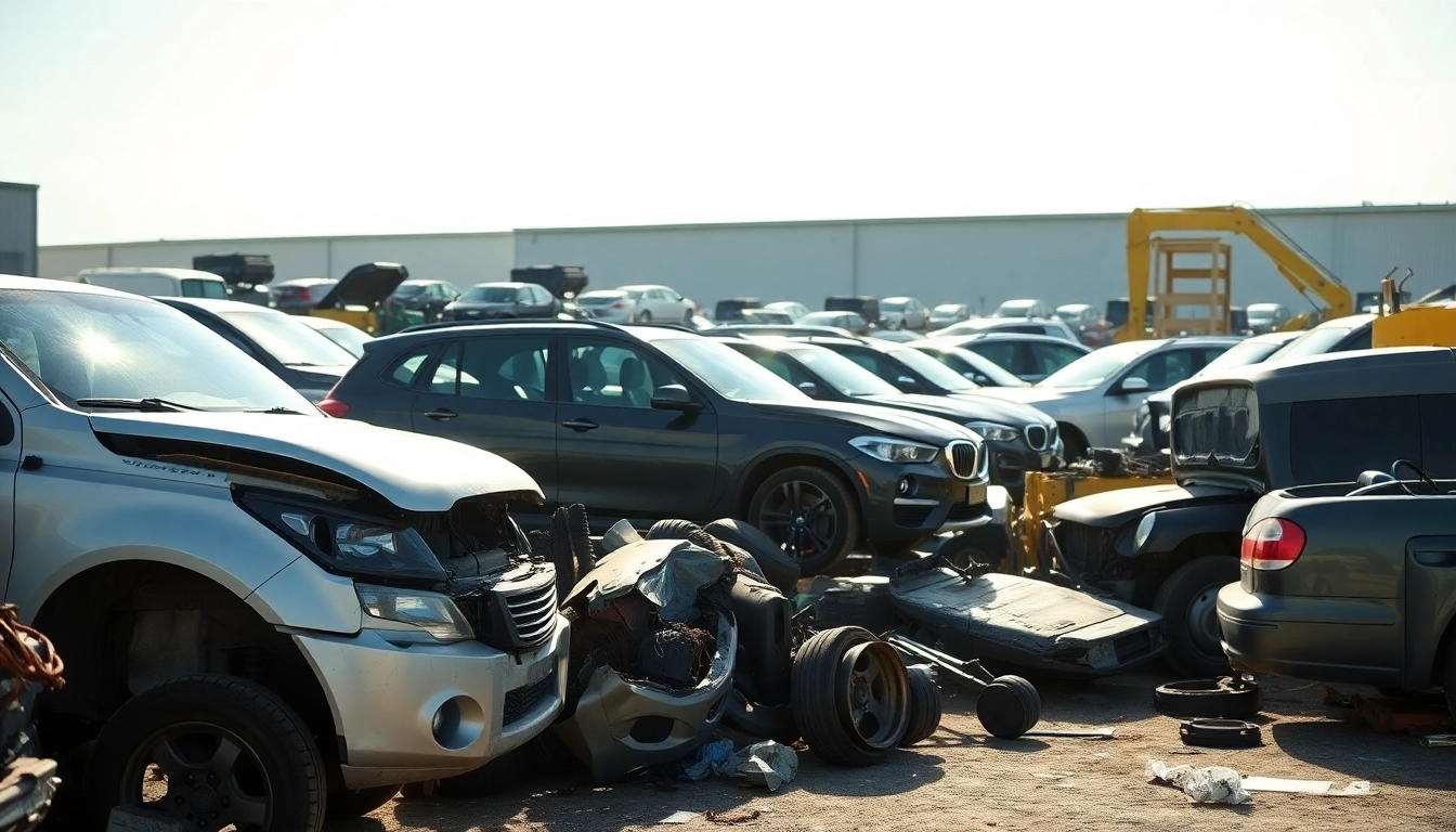 Auto recycling process at Autosloop met diverse ontmantelde voertuigen.
