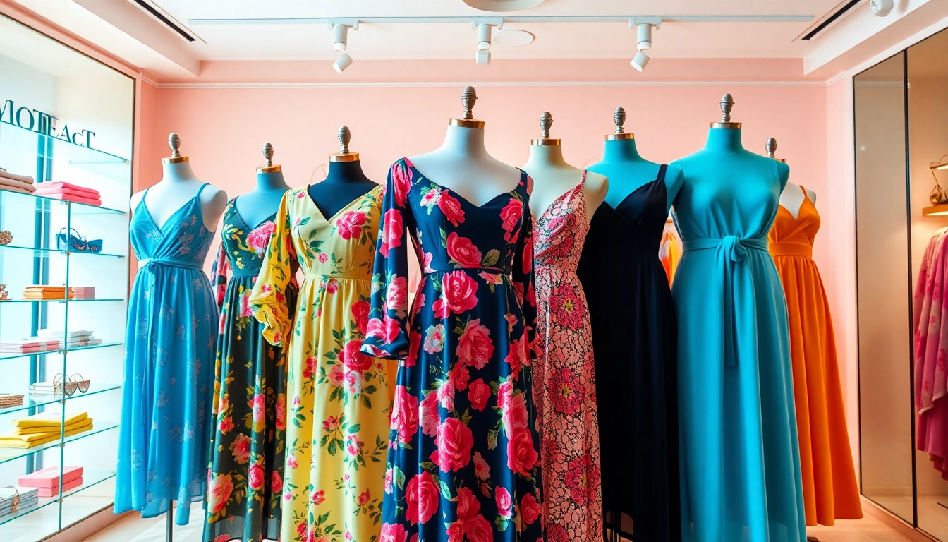 Model wearing exquisite designer dresses with elegant designs and vibrant colors.