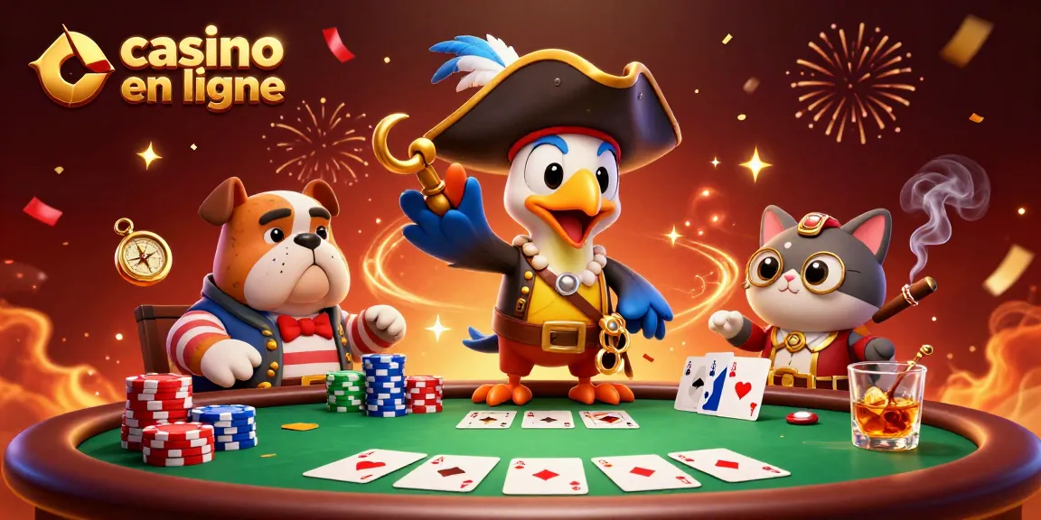 Illustration d'un casino en ligne avec un pirate, un bulldog et un chat naviguant autour d'une table de poker.