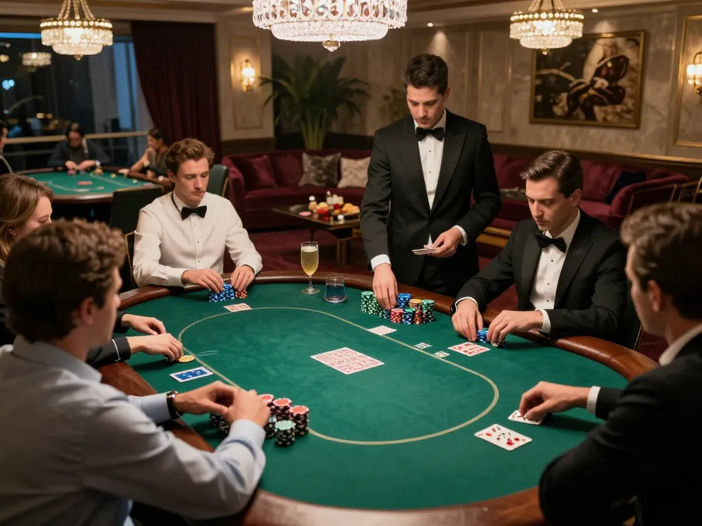 Players enjoying a high-stakes game at XX 88's luxury poker table in a lavish VIP room.