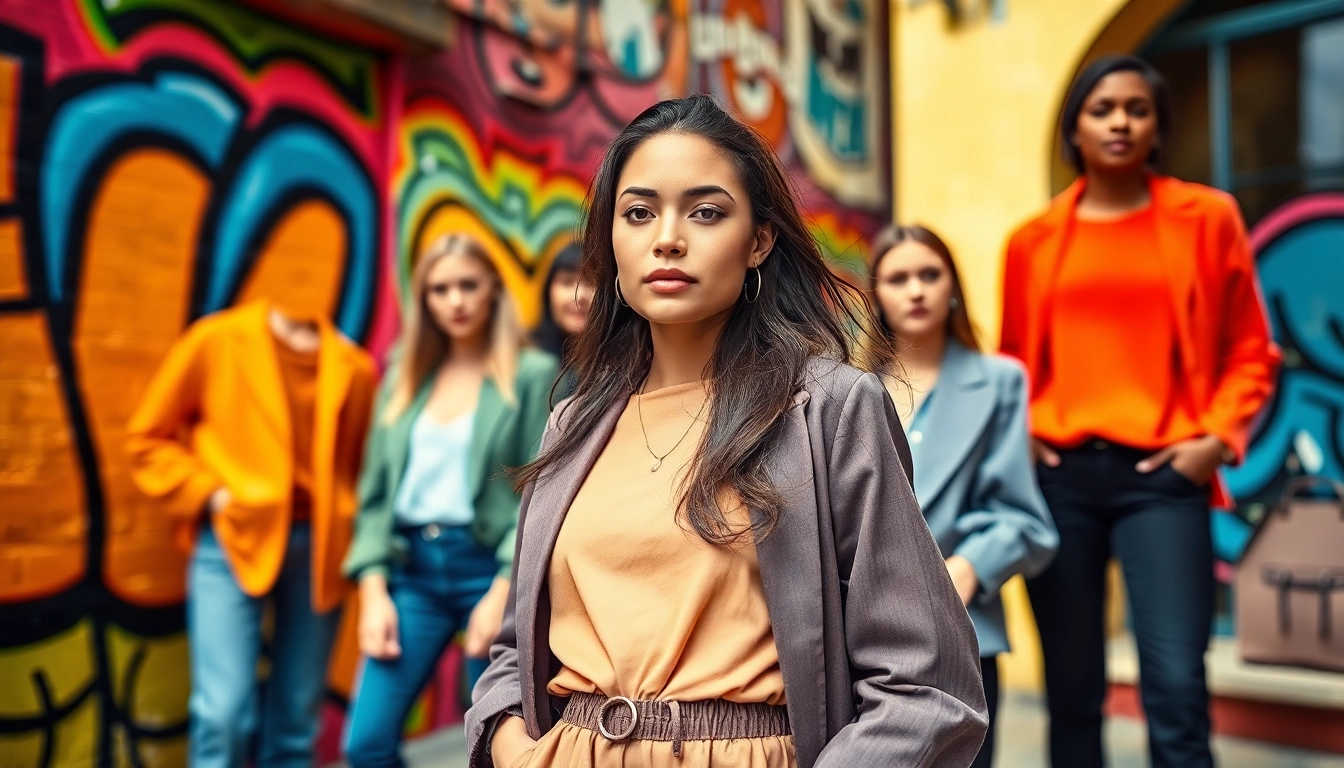 Showcase of Women's clothing styles featuring vibrant urban fashion trends.