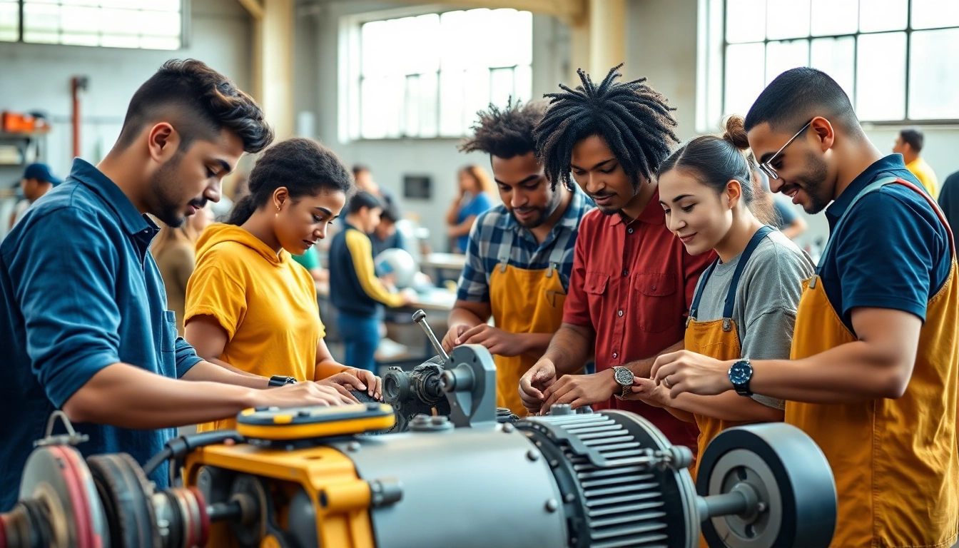 Engaged young adults in apprenticeship programs collaborating on a mechanical project in a workshop.