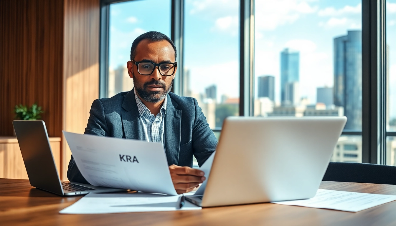 KRA PIN Registration for Foreigners process with a professional reviewing documents in an office environment.