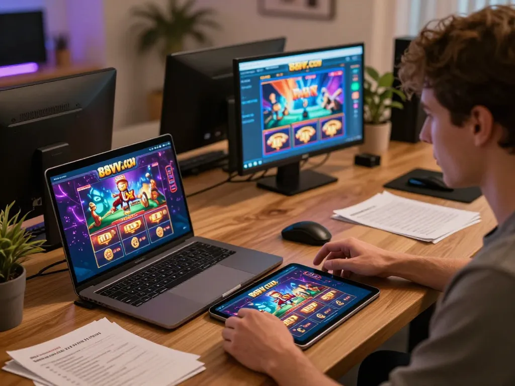 Engaged player enjoying games on 88VV.COM with laptop and tablet, showcasing online gambling experience