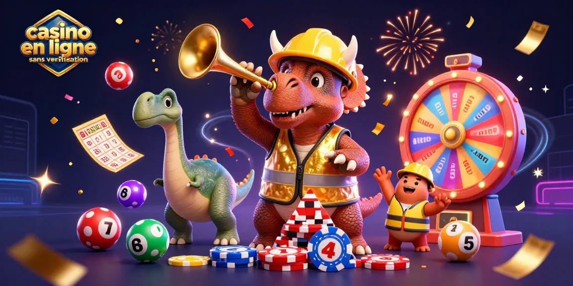 Plongez dans l'univers du casino en ligne sans vérification avec ce triceratops festif construisant une pyramide de jetons.