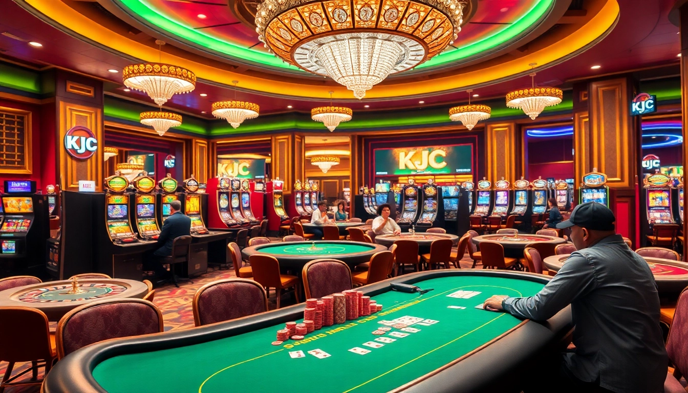 KJC gaming table scene featuring excited players and luxurious casino décor.