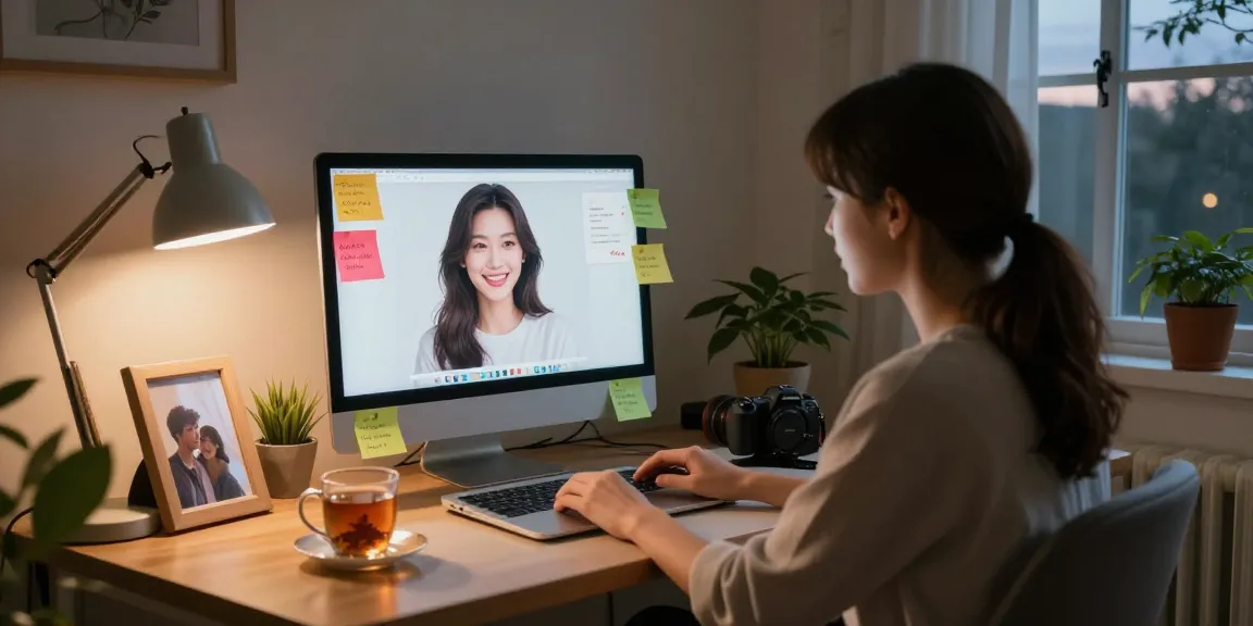 Engaging scene of a user interacting with their AI girlfriend in a cozy home office.