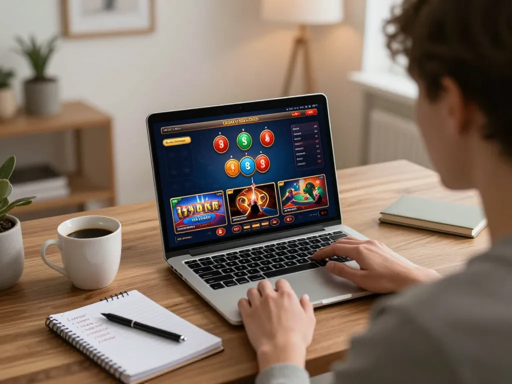 Engaging in online casino gaming through laptop at home showcasing ATQ's diverse gaming options