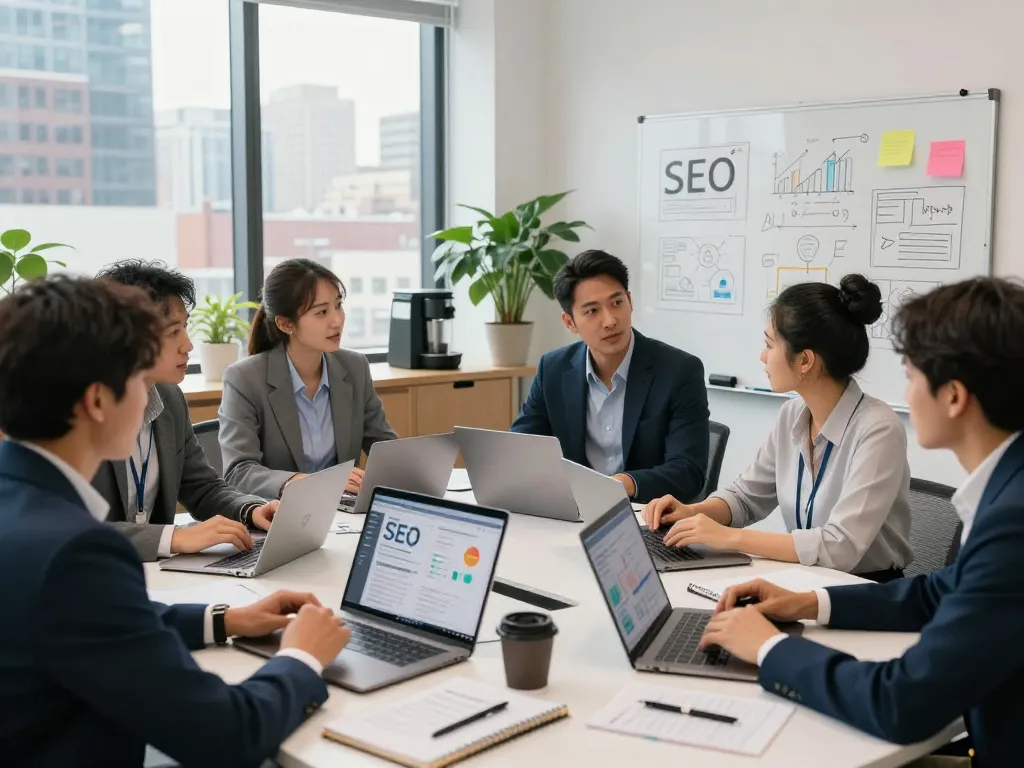 SEO Company in NYC strategy session with diverse team collaborating in modern office.