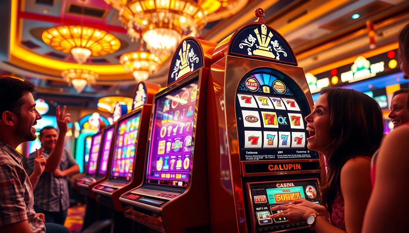 Permainan situs toto dengan mesin slot yang berwarna-warni dan pemain yang bahagia.