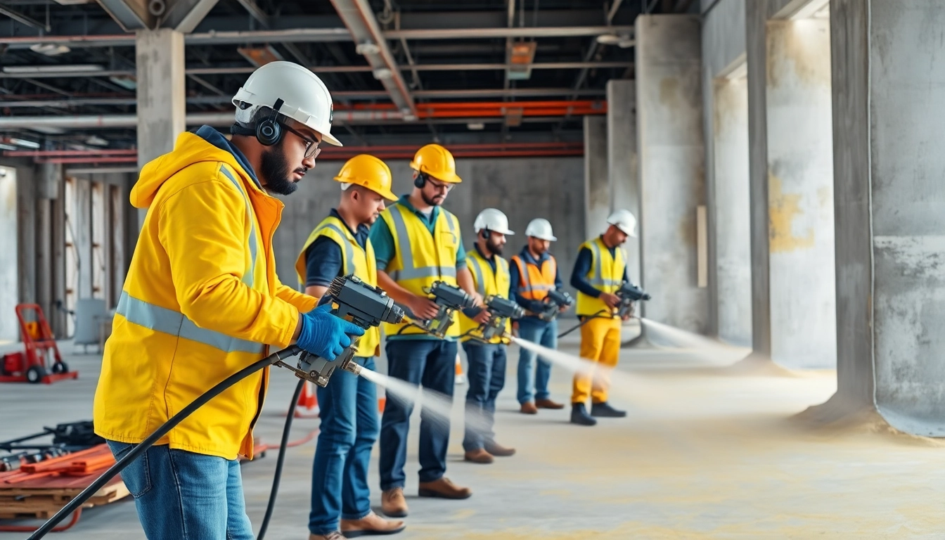 Fireproofing contractors applying materials on-site to ensure building safety and compliance.
