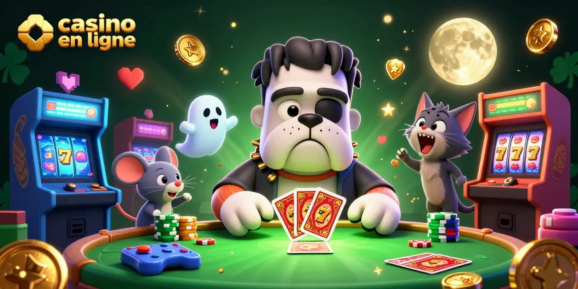 Un bulldog Frankenstein jouant au casino en ligne avec des jetons et une machine à sous en arrière-plan.