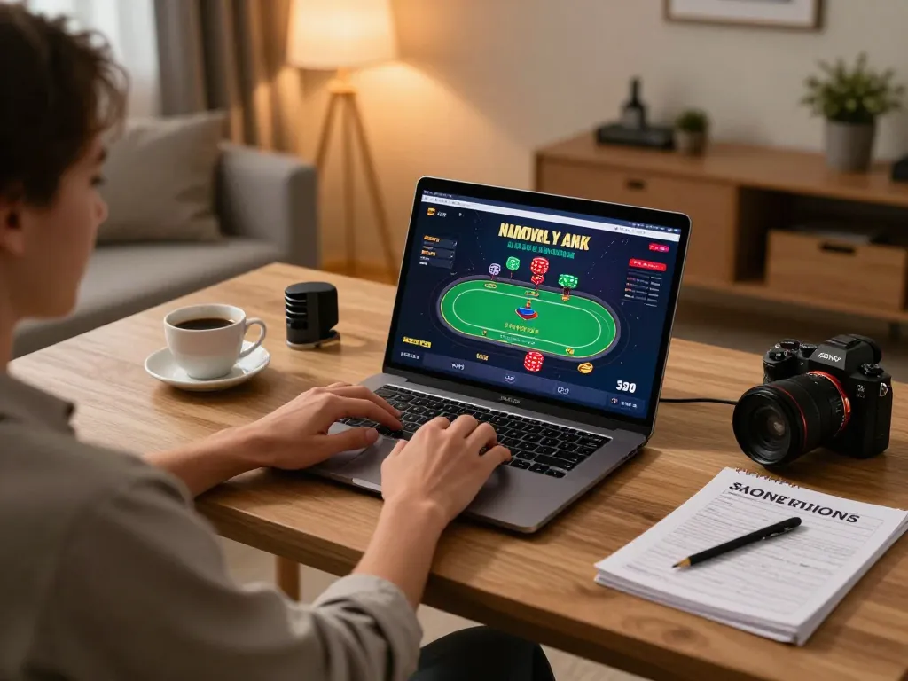 Person enjoying online gaming at https://shbetz.net/ using a laptop in a cozy home office.