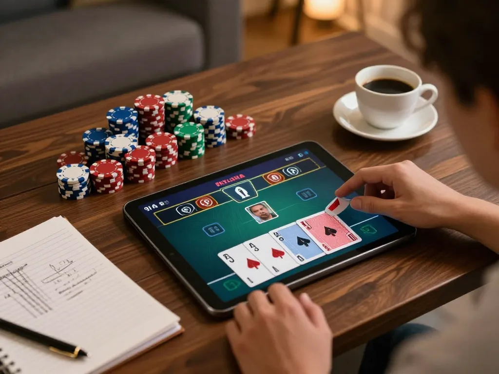 Engaging gameplay of okwin poker on tablet with chips and strategy notes.