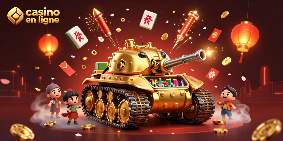 Jouer dans un casino en ligne illustré avec un tank en or et des éléments ludiques.