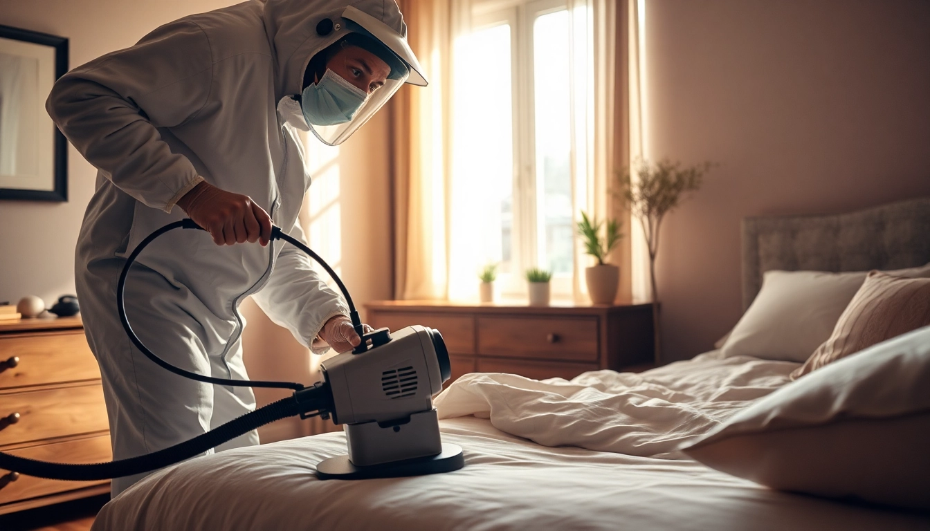 Efficient bed bug exterminator applying heat treatment with professional equipment in a cozy bedroom.