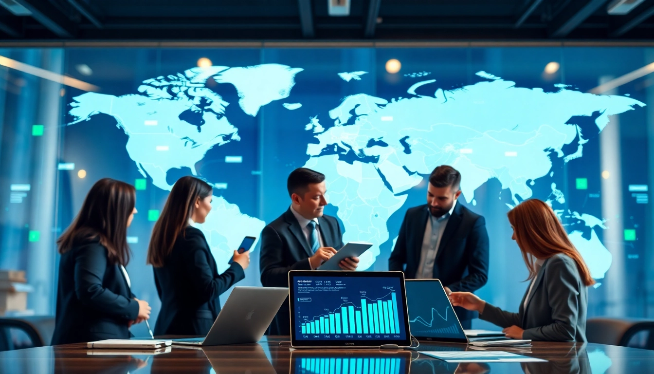 Showcasing a global business directory with business professionals engaging through technology.