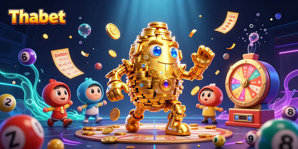 Experience Thabet's rich gaming scene with a golden golem and vibrant lottery elements.