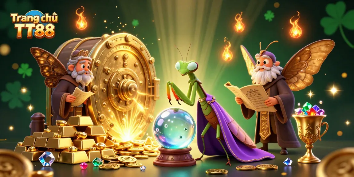 Engage with the magical scene of Trang chủ TT88, featuring a praying mantis fortune teller, surrounded by winning treasures and vibrant 3D casino elements.