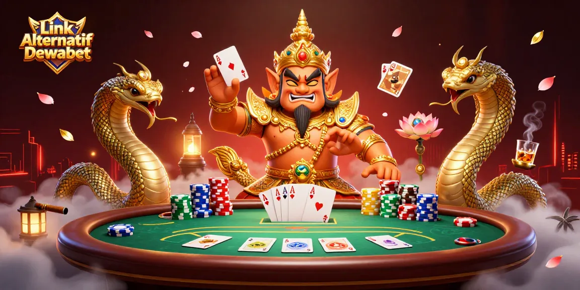 Betting with Link Alternatif Dewabet showcases vibrant 3D characters and dynamic poker elements.