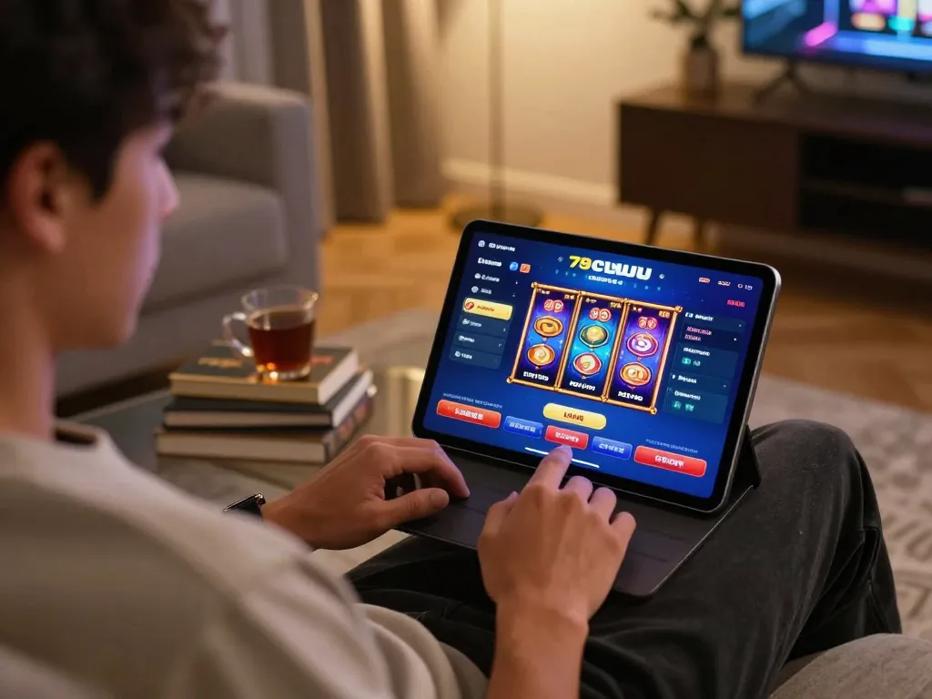 Player enjoying online gaming on the 79club app in a cozy living room setting, emphasizing strategic gameplay and comfort.