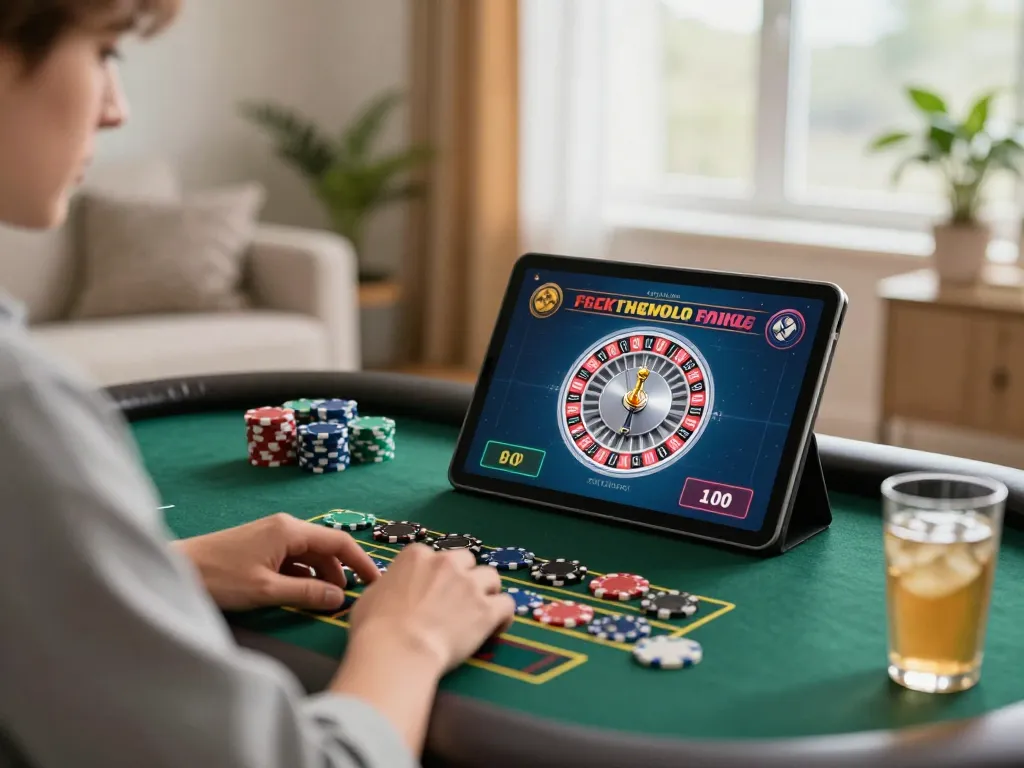 Player enjoying RR88 live dealer roulette on tablet in a cozy modern setup