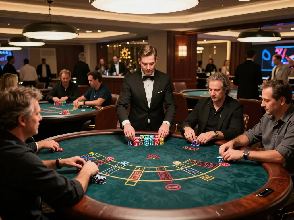 Players enjoy strategic blackjack action at a Go8 casino, with a lively atmosphere and stacks of chips visible.