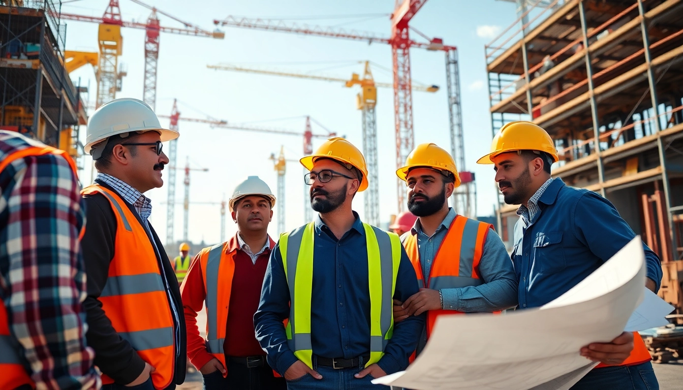 Collaboration within a construction association at a job site showcasing professionals and equipment.