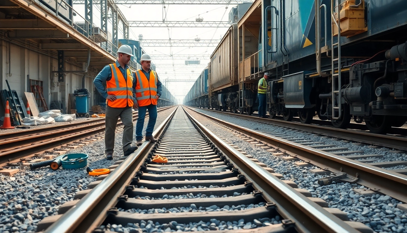 View of railroad contractors near me assessing a railway track, showcasing their work and environment.