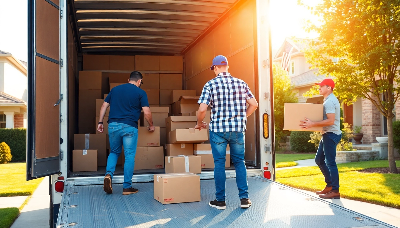 Professional movers handling Moving Services efficiently in a bright suburban environment.