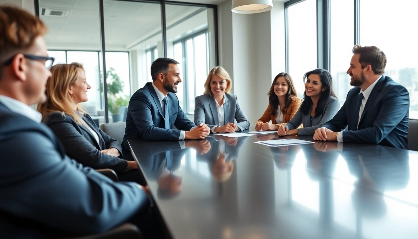 Financial advisors collaboratively discussing strategies in a modern office setting.